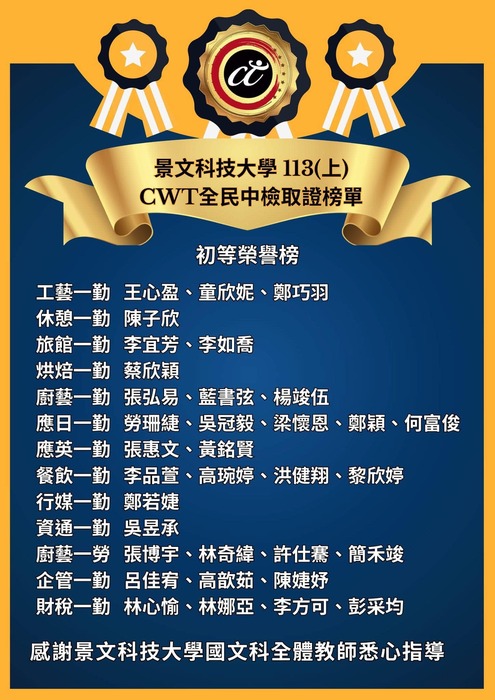 Congratulations to the students who won the primary honor list in the first semester of the 113th academic year of JUST CWT National Intermediate Prosecution Evidence Collection List.